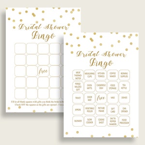 Gouden Confetti Bridal Shower Bingo Kaarten Afdrukbaar, 60 Voorgevulde Bingo Spelkaarten Goud Wit, Gratis Lege Bingo, Instant Download, CZXE5