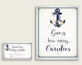 Nautical Anchor Candy Guessing Game, Blue Beige Bridal Shower Game Printable, Guess How Many Candies Sign And Tickets, Instant 87BSZ