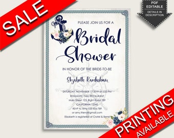 Nautical Anchor Bridal Shower Invitation, Blue Beige Bridal Shower Invite Editable, Printable or Printed, Instant Download, Vintage 87BSZ
