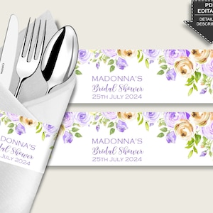 Anillos de servilleta de ducha nupcial floral púrpura editables, decoración envolvente de servilleta amarilla púrpura imprimible, despedida de soltera, instantánea WEE0X