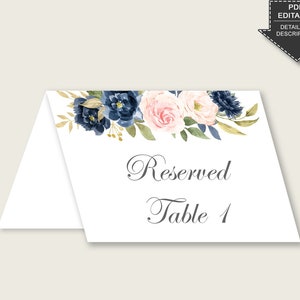 Navy Blush Floral Food Tent Cards Printable, Blue Pink Table Tent Place Cards Editable, Bridal Shower Food Labels, Name Cards, Instant UY5IG
