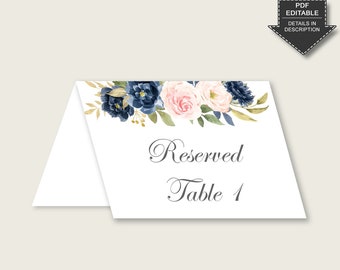 Navy Blush Floral Food Tent Cards Printable, Blue Pink Table Tent Place Cards Editable, Bridal Shower Food Labels, Name Cards, Instant UY5IG