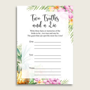 Tropical Bridal Shower Two Truths And A Lie Game, Green Pink Bachelorette Party Game Printable, 2 Truths 1 Lie, Instant Download ARTAN