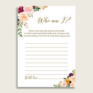 Rose Gold Pink Who Am I Bridal Shower Game Printable, Romantic Floral Bridal Shower Activity, Ice Breaker Game, Instant Download C0CS5