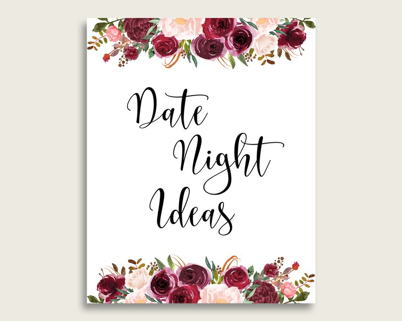 Bordeaux Date Night idées cartes et signe imprimable, rouge rose nuptiale douche Date nuit activité, téléchargement immédiat, Marsala Floral 6GQOT image 2