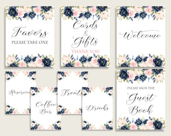 Navy Blush Floral Bridal Shower Table Signs Bundle, Blue Pink Decoration Signs Printable Package, Welcome Favors Gifts Drinks, Instant UY5IG