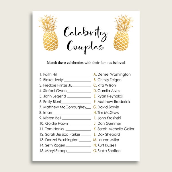 Pineapple Famous Couples Bridal Shower Game, Gold White Match Celebrity Couples Printable, Instant Download, Aloha Summer Luau 86GZU