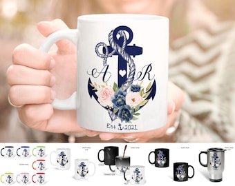 Nautical Anchor Personalized Initials Mug for Tea Coffee, Blue Beige Wedding Gift Favor Cup, Gift Mug, Travel Mugs 87BSZ