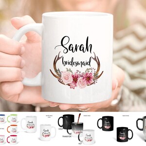 Deer Antlers Bridesmaid Mug for Tea Coffee, Pink Gray Wedding Gift Favor Cup, Engagement Gift, Travel Mugs, 11Oz 14Oz 15Oz MVR4R