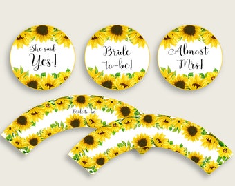 Tournesol Bridal Shower Cupcake Toppers Imprimable, Jaune Blanc Bridal Shower Cupcake Wrappers, Téléchargement instantané, Summer Floral SSNP1