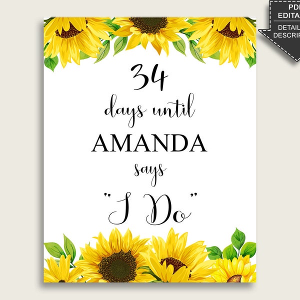 Sunflower Bridal Shower Days Until I Do Sign Editable, Yellow White Countdown Sign Printable, Bachelorette Sign, Instant Download SSNP1
