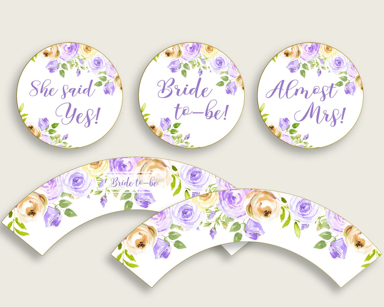 Purple Floral Bridal Shower Cupcake Toppers Printable Purple Yellow Bridal Shower Cupcake Wrappers Instant Download Lavender