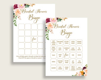 Romantic Floral Bridal Shower Bingo Cards Printable, 60 Prefilled Bingo Game Cards Rose Gold Pink, Free Empty Bingo, Instant Download, C0CS5