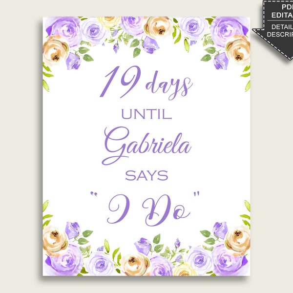 Purple Floral Bridal Shower Days Until I Do Sign Editable, Purple Yellow Countdown Sign Printable, Bachelorette Sign, Instant Download WEE0X