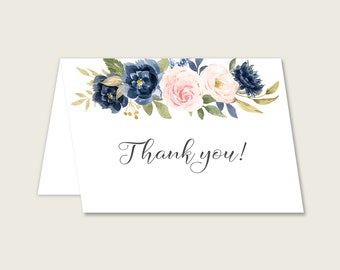 Navy Blush Floral Bridal Shower Thank You Cards Folded, Blue Pink Thank You Card Printable, Bridal Party, Instant Download, UY5IG