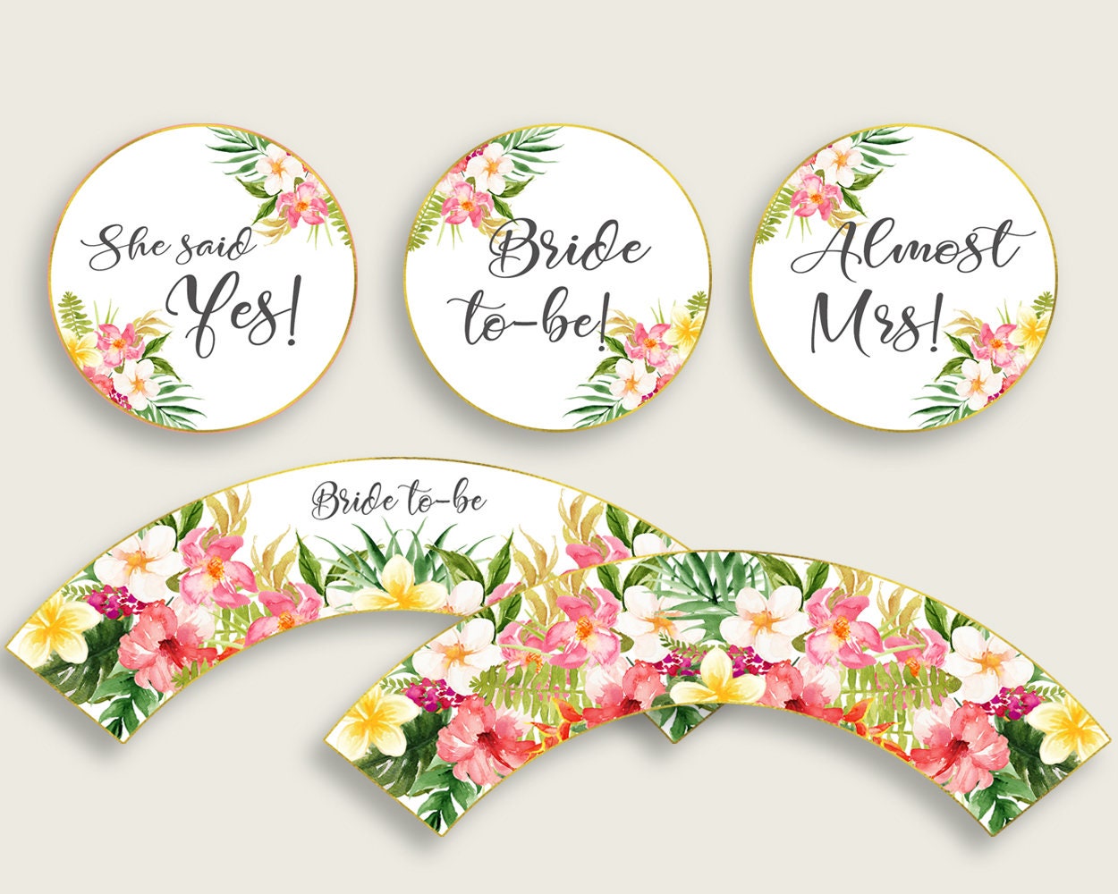 Hawaiian Bridal Shower Cupcake Toppers Printable Pink Green Bridal Shower Cupcake Wrappers Instant Download Tropical Flower