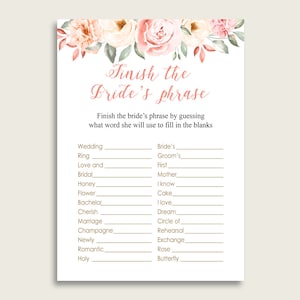 Erröten Blumen beenden das Phrasenspiel der Braut, Rosa Gelb Brautparty Aktivität druckbar, Sofort Download, Koralle Gold 06D7T
