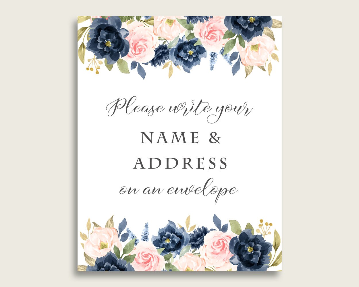 Navy Blush Floral Name & Address Sign Printable, Envelope Sign, Blue Pink Bridal Shower Write Your Name And Address Sign, Instant UY5IG