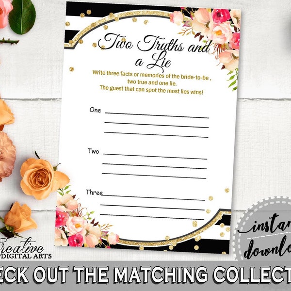 Two Truths And A Lie Game in Flower Bouquet Black Stripes Bridal Shower Black And Gold Theme, sooth game, customizable files - QMK20