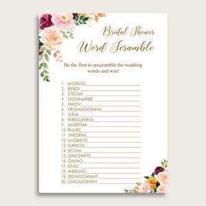 Romantic Floral Bridal Shower Word Scramble Game, Rose Gold Pink Word Scramble Printable, Bachelorette Party, Instant Download, C0CS5