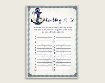 Nautical Anchor Bridal Shower Wedding A-Z Game, Blue Beige Bridal Alphabet Game Printable, Bachelorette Activity, Instant Download 87BSZ