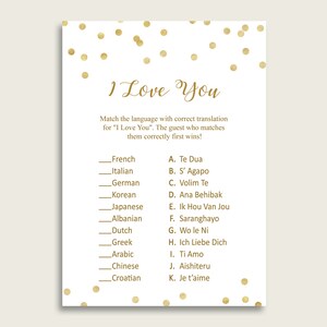 Gold Confetti I Love You Around The World, Gold White Bridal Shower Game Printable, Different Languages, Bachelorette Party, Instant CZXE5