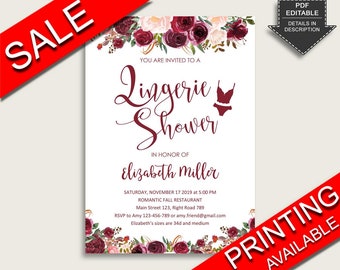 Red Pink Lingerie Shower Invitation Editable, Burgundy Lingerie Party Invite, Printable or Printed, Instant Download, Marsala Floral 6GQOT