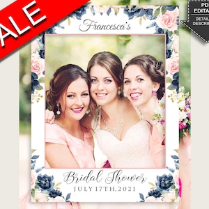 Printable Navy Blush Floral Bridal Shower Photo Booth Frame, Bachelorette Selfie Frame, Blue Pink Photo Prop Editable, Instant UY5IG
