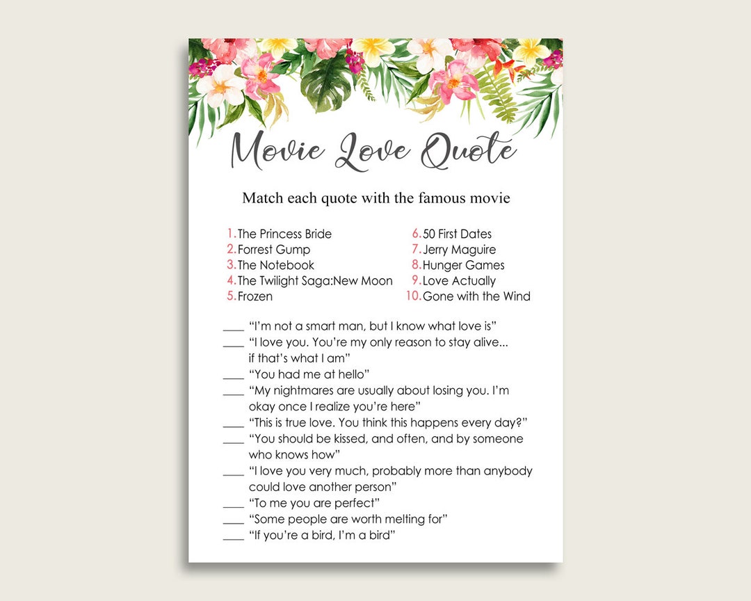Hawaiian Romantic Movie Love Quotes Match Game Pink Green - Etsy Finland