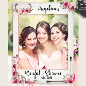 Printable Deer Antlers Bridal Shower Photo Booth Frame, Bachelorette Selfie Frame, Pink Gray Photo Prop Editable, Instant Download MVR4R