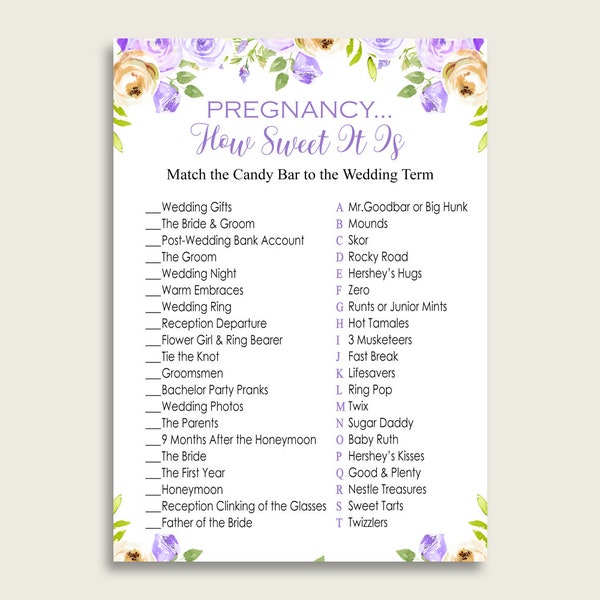 Purple Yellow Pregnancy Candy Match Game Printable, Purple Floral Bridal Shower, How Sweet It Is Game, Instant Download, WEE0X