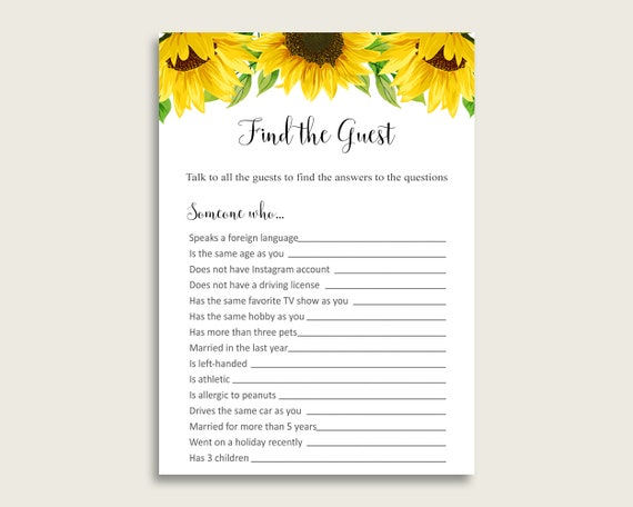 Sunflower Find The Guest Bridal Shower Game, Yellow White Find The.