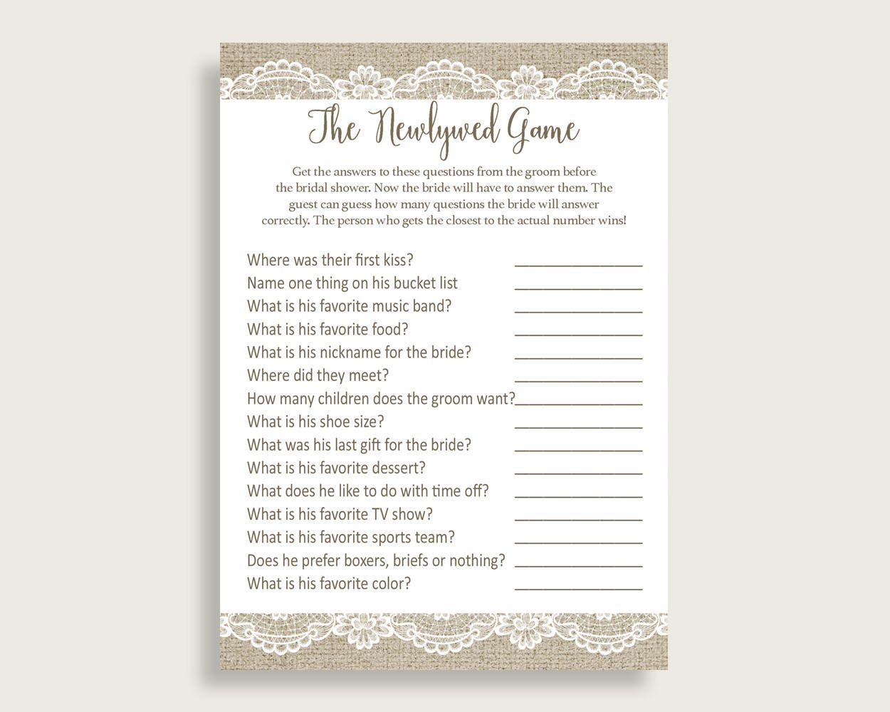 The Newlywed Game Bridal Shower the Newlywed Game Burlap and Lace Bridal  Shower the Newlywed Game Bridal Shower Burlap and Lace the NR0BX - Etsy, image size:1250x1000