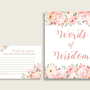 Roze gele woorden van wijsheid kaarten & teken afdrukbaar, Blush bloemen bruids douche wensen voor bruid en bruidegom, Instant Download, koraal 06D7T