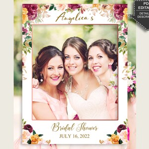 Printable Romantic Floral Bridal Shower Photo Booth Frame, Bachelorette Selfie Frame, Rose Gold Pink Photo Prop Editable, Instant C0CS5