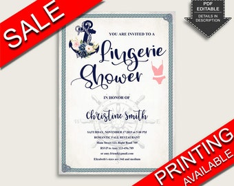 Blue Beige Lingerie Shower Invitation Editable, Nautical Anchor Lingerie Party Invite, Printable or Printed, Instant Download, 87BSZ