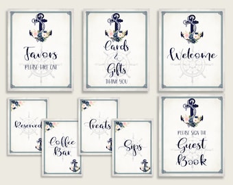 Nautical Anchor Bridal Shower Table Signs Bundle, Blue Beige Decoration Signs Printable Package, Welcome Favors Gifts Drinks, Instant 87BSZ