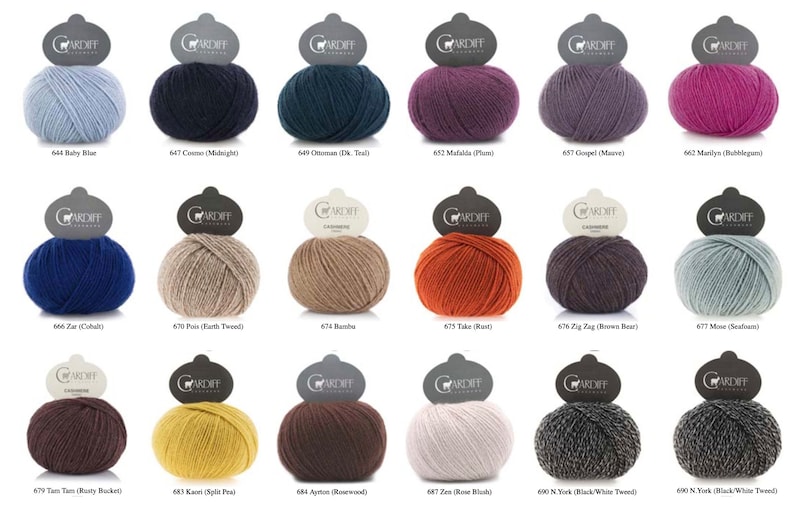 May include: A collection of 18 yarn skeins in various colors, including blue, green, red, purple, brown, and gray. Each skein is labeled with a number and a color name.