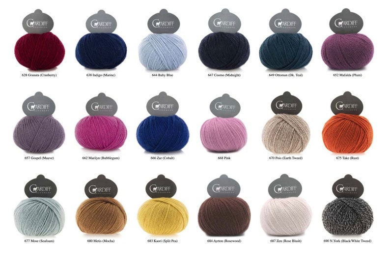 May include: A collection of colorful yarn balls in various shades, including cranberry, navy, and baby blue. Each ball has a label with a number and color name. The yarn is likely for knitting or crochet projects.