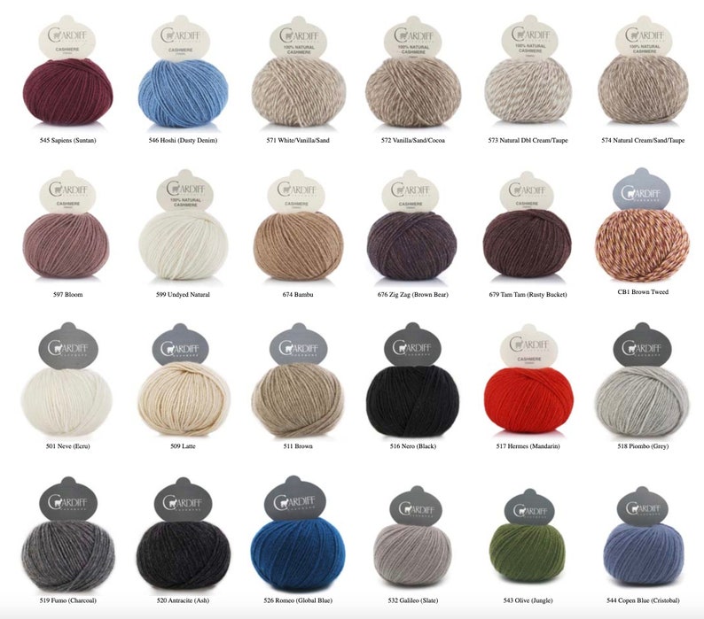May include: A collection of colorful yarn balls, each labeled with a unique name and number. The yarn is 100% natural cashmere, with shades ranging from deep red to light blue, beige, and black. Ideal for knitting and crochet projects.