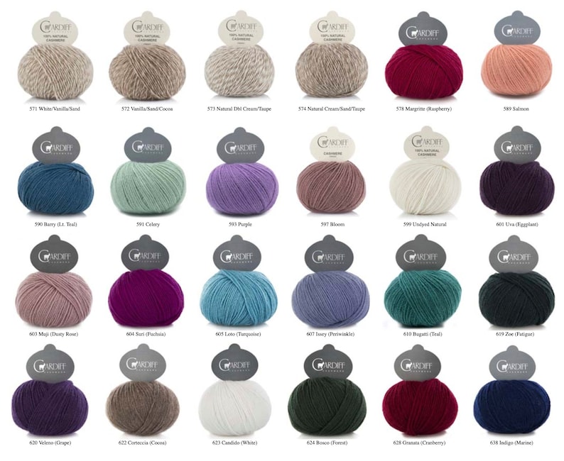 May include: A collection of 18 skeins of yarn in various colors, including white, beige, brown, green, purple, pink, blue, teal, red, and gray. Each skein is labeled with the yarn's color name and number.