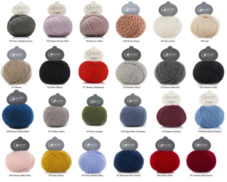 May include: A collection of 24 yarn balls in various colors, including grey, brown, red, blue, green, and yellow. Each ball has a label with the name and number of the yarn color.