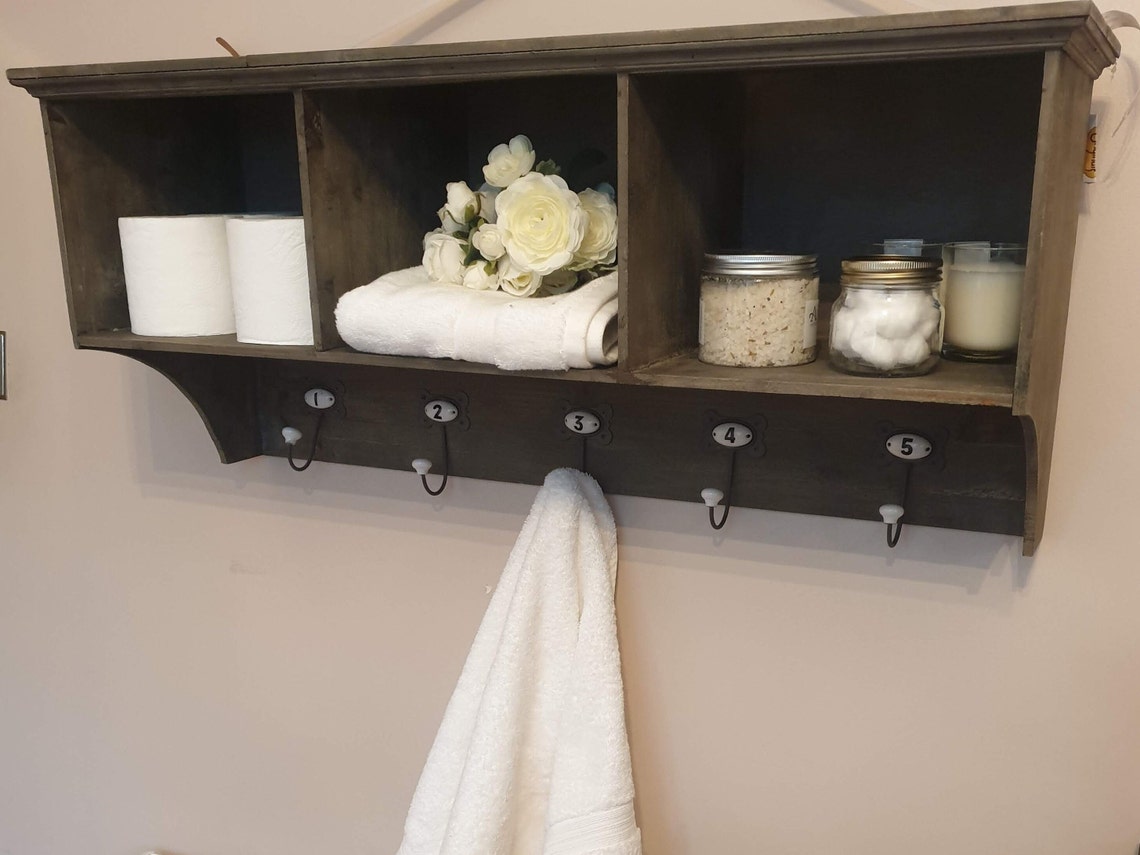 Vintage Style Dark Wood Wall Shelf Unit With Coat Rack Hooks Etsy UK