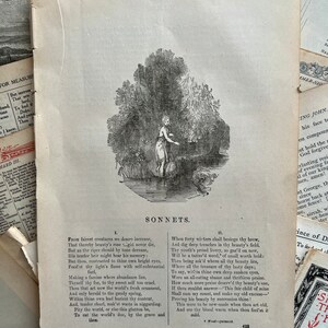 May include: A black and white illustration of a young person standing in a river. The illustration is from a book of sonnets. The text of the sonnets is printed below the illustration.