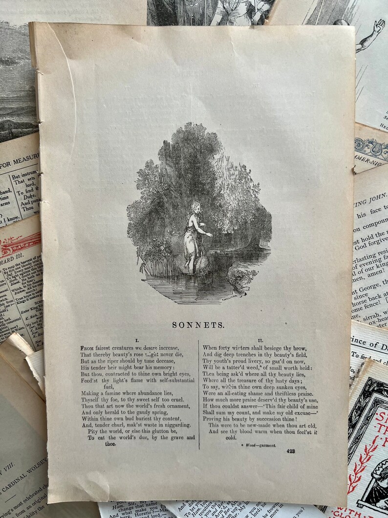 May include: A black and white illustration of a young person standing in a river. The illustration is from a book of sonnets. The text of the sonnets is printed below the illustration.