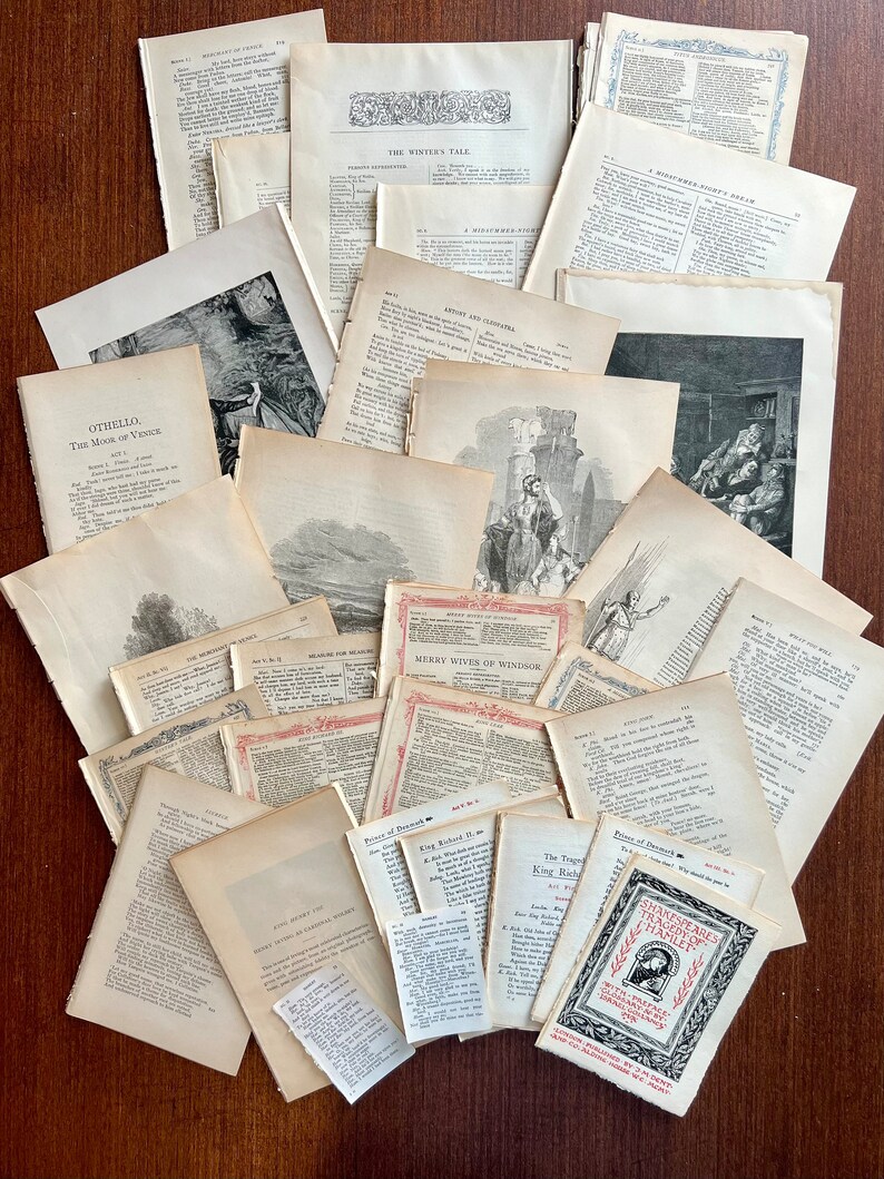 May include: A collection of vintage Shakespearean play scripts, including Othello, The Winter's Tale, Merry Wives of Windsor, and Hamlet. The scripts are printed on aged paper with black ink and have illustrations.
