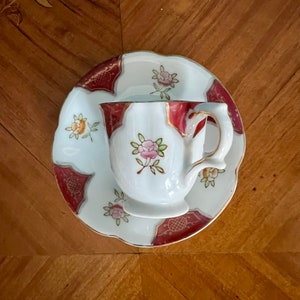 Vintage Demitasse Cup and Saucer: Maroon Floral China, Made in Occupied Japan