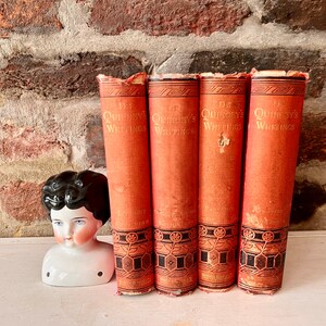 Thomas De Quincey Writings, Set of Four Antique Books, Vintage Book Stack, Faded Red, Black, and Gold Books, Shabby Red Books