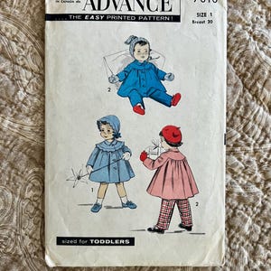 May include: Vintage Advance sewing pattern for toddlers. The pattern features illustrations of children's clothing, including coats and outfits. The pattern is labeled "The Easy Printed Pattern!" and includes sizing information.