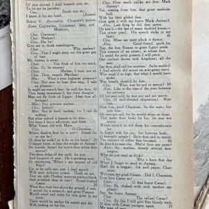May include: A black and white page from a book with text printed in a serif font. The text is from a play called "Antony and Cleopatra" by William Shakespeare. The text includes the lines "Good friend,' quoth he, 'Say, the firm Roman to great Egypt sends This treasure of an oyster; at whose foot, To mend the petty present, I will piece Her opulent throne with kingdoms; all the east, Say thou, shall call her mistress. So he nodded."